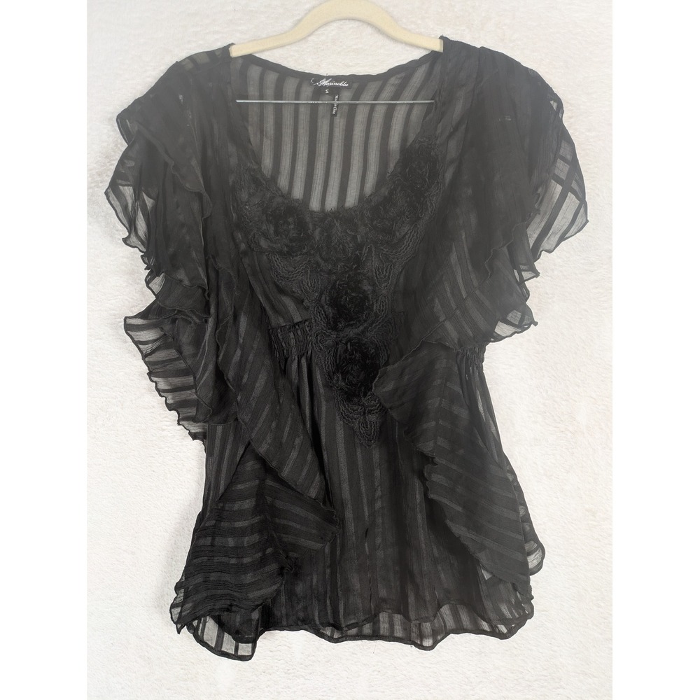 Marineblu Blouse Women's Small Black Ruffle Lace Sheer V-Neck